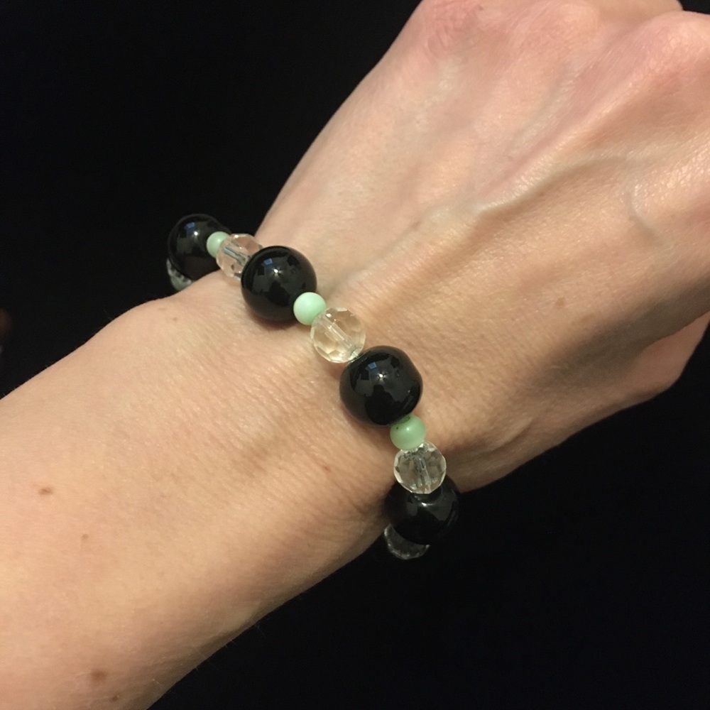 Black Green and Clear Beaded Bracelet